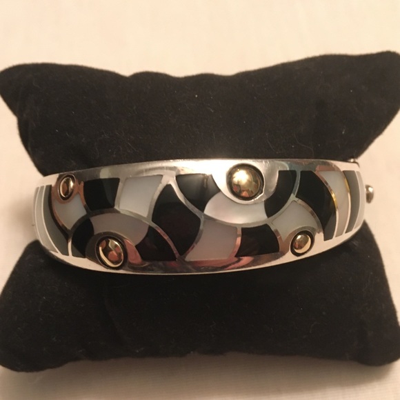 Asch Grossbardt Sterling 18K Gold Bangle Bracelet with Onyx & Mother of Pearl - Picture 1 of 12